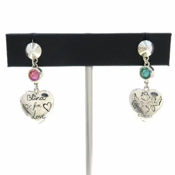 GUCCI Logo Pink Green Stone Heart Drop Stud Earrings Silver 925 Auth - Picture 1 of 11